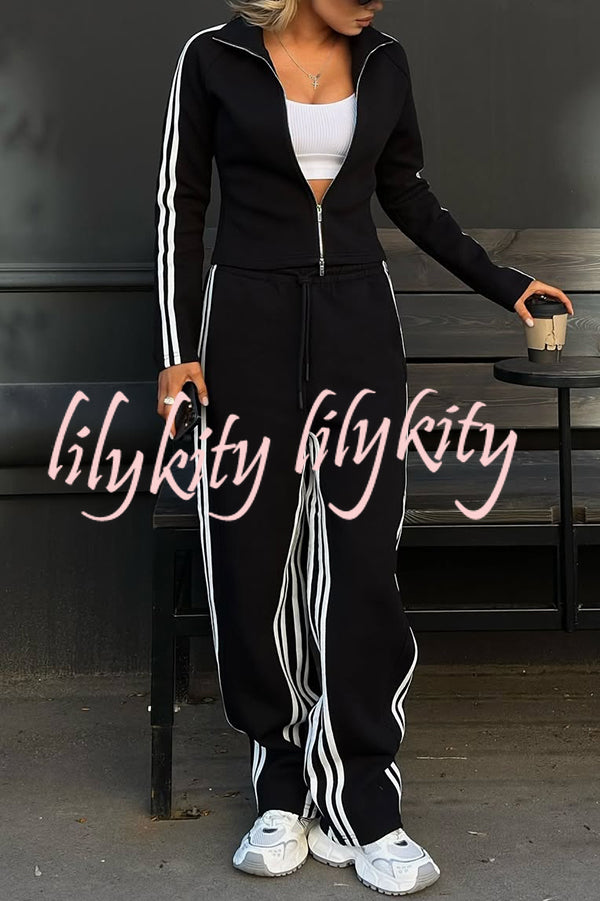 Fashionable Sports Style Striped Long-sleeved Jacket and Elastic Waist Casual Pants Set