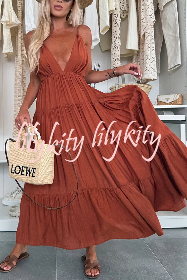 Bohemian Style V-neck Backless Slip Layered Vacation Maxi Dress