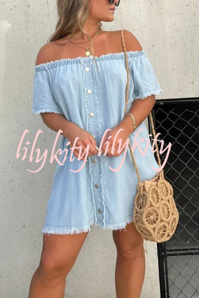 Fashionable Off Shoulder Short-sleeved Loose Denim Mini Dress