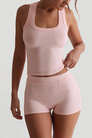 Fashionable Sports Yoga Style Sleeveless Square Neck Top and Elastic Slim Shorts Set