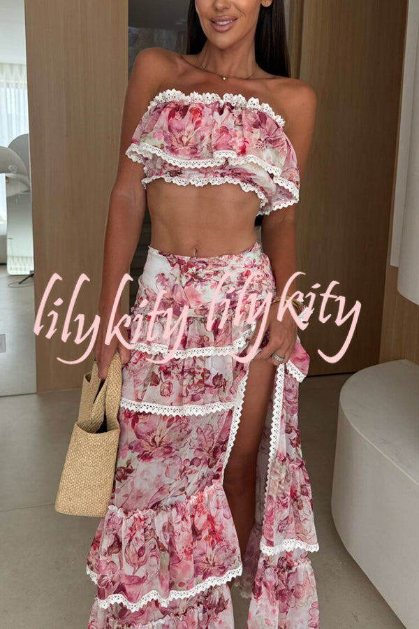 Dakota Floral Lace Trim Crop Tube Top and Layered Slit Maxi Skirt Set