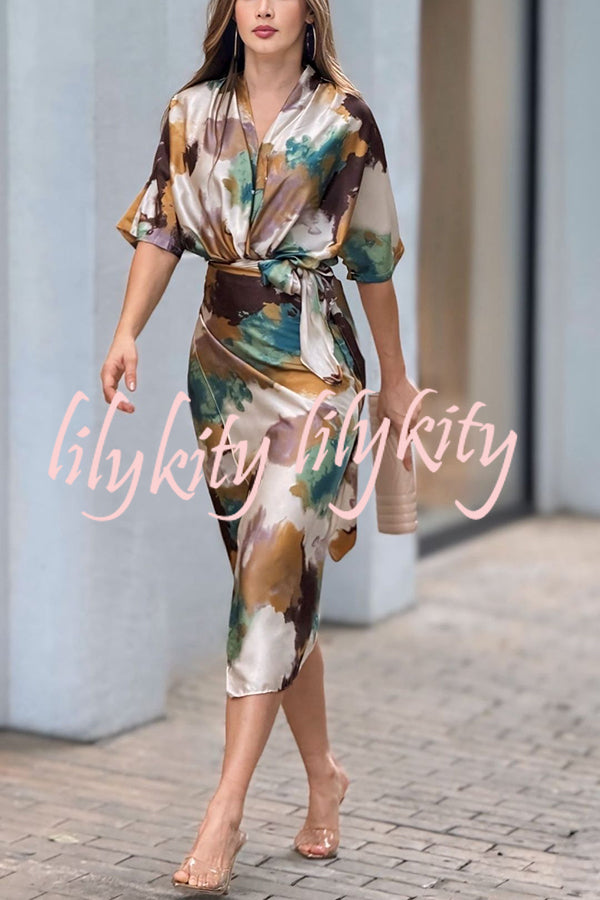 Cityscape Moment Satin Tie Dye Print Half Sleeve Wrap Midi Dress