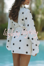 Effortlessly Linen Blend Polka Dot Balloon Sleeve Blouse and Wrap Tie-up Loose Mini Skirt Set