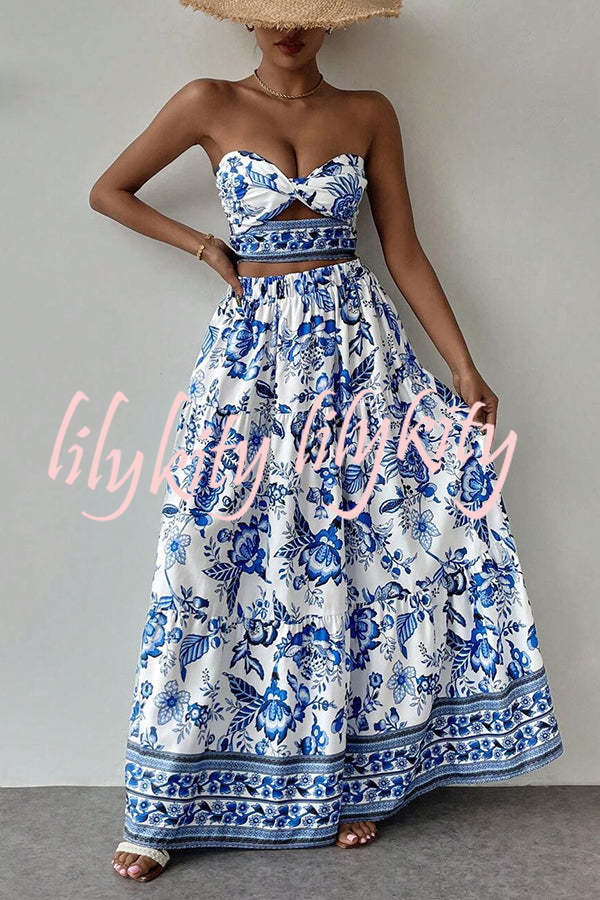 Floral Print Cutout Bandeau Top and Elastic Waist Full Maxi Skirt Set