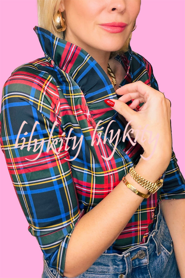 Duke of York Holiday Plaid Ruffle Stand Neck Half Sleeve Blouse