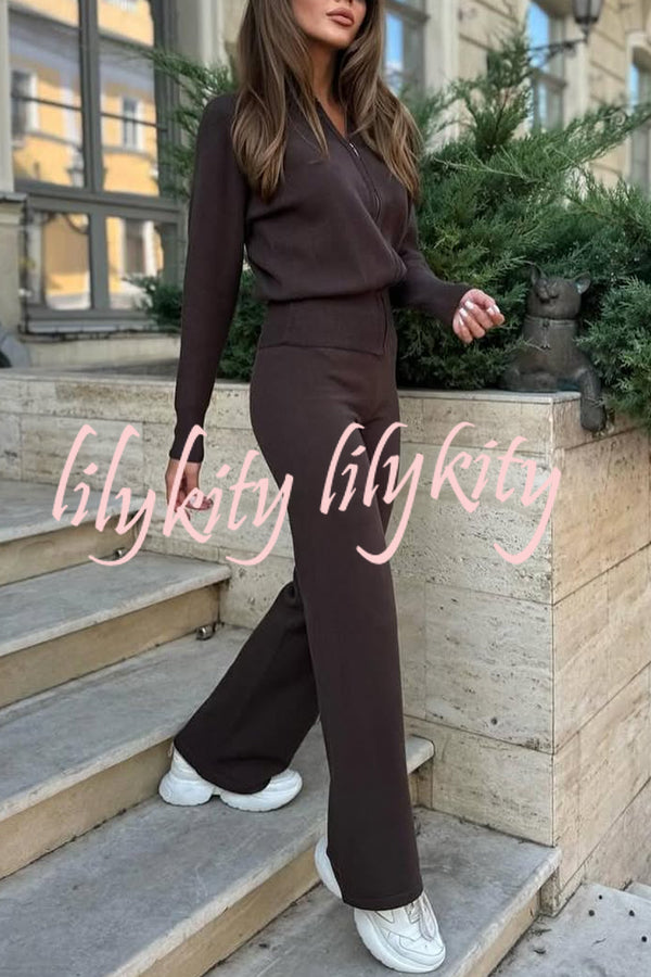 Cozycore Knit Zipper Long Sleeve Cardigan and Stretch Wide Leg Pants Set