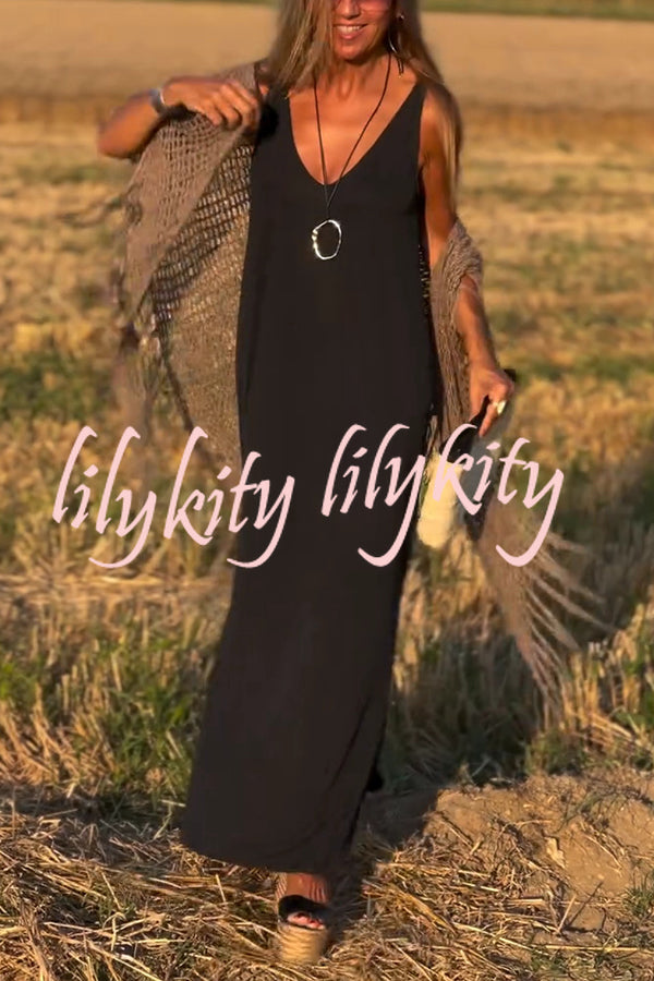 Solid Color V-neck Sleeveless Casual Loose Maxi Dress