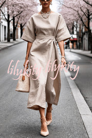 Solid Color Round Neck Half Sleeve Casual Waist Midi Dress