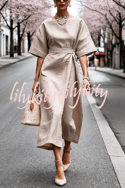 Solid Color Round Neck Half Sleeve Casual Waist Midi Dress