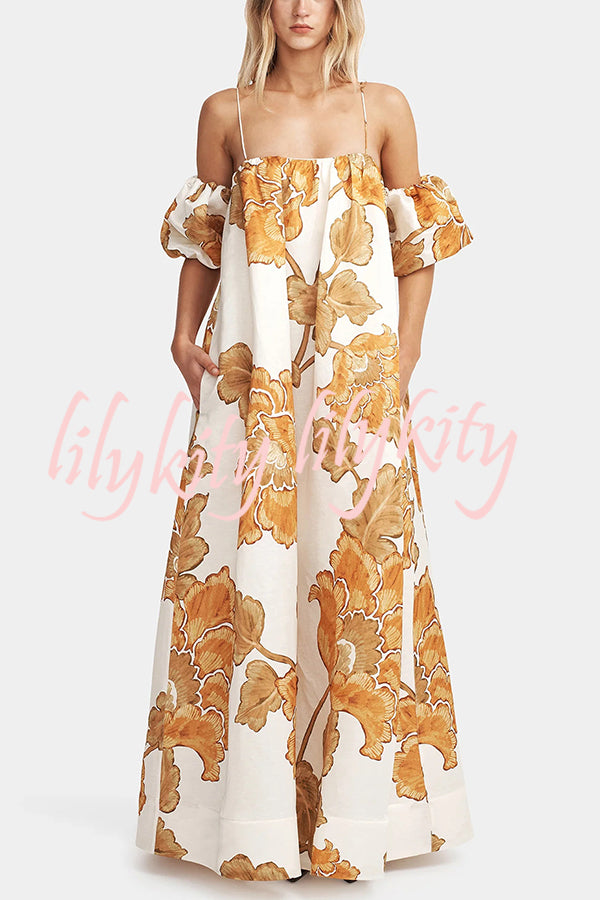 Floral Print Suspenders Puff Sleeves Loose Pocket Holiday Maxi Dress