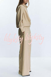 Juliette Cross-front Button Up Long Sleeve Shirt and Elastic Waist Pocket Loose Pants Set