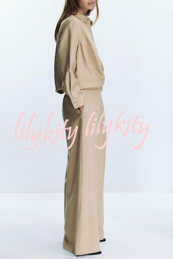 Juliette Cross-front Button Up Long Sleeve Shirt and Elastic Waist Pocket Loose Pants Set