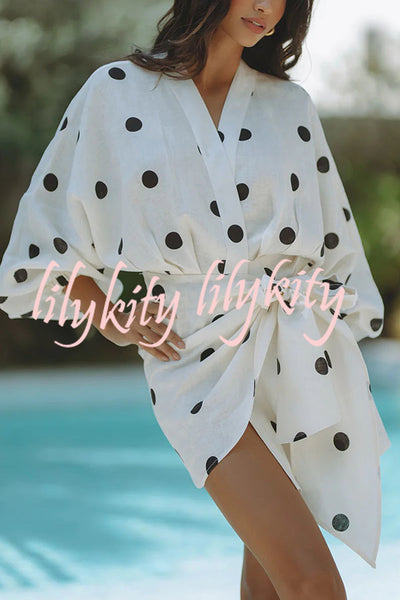 Sun Strolls Linen Blend Polka Dot Balloon Sleeve Wrap Tie-up Loose Kimono Mini Dress