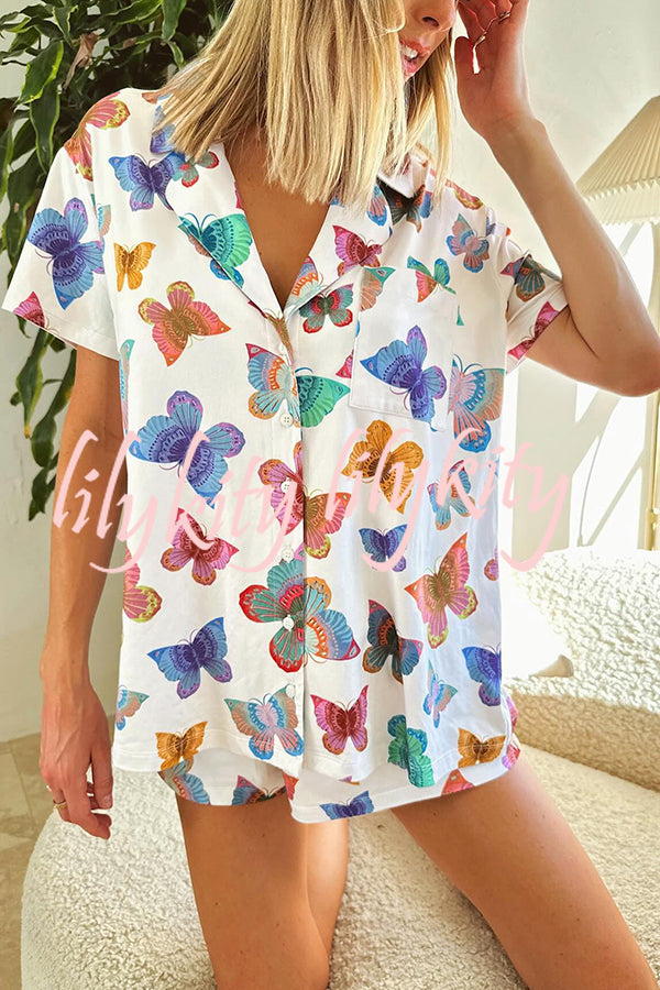 Summer Adventures Unique Print Pocket Loose Shirt and Elastic Waist Shorts PJ / Vacay Set