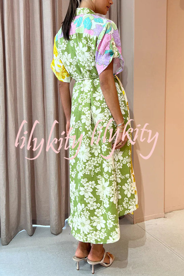 Travel Effortlessly Linen Blend Floral Patchwork Shirt Midi Dress