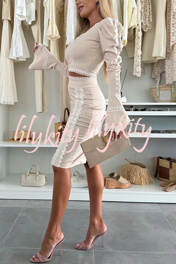 Career Beauty Lace Paneled Long Bell Sleeve Crop Top and High Rise Mini Skirt Set