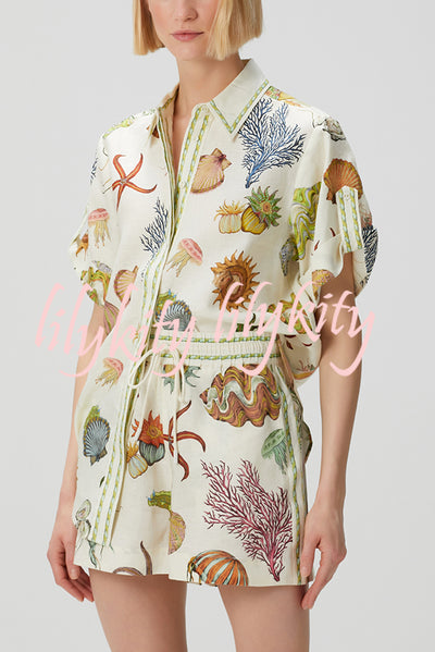 Beach Shell Print Short Sleeve Loose Shirt and Elastic Waist Tie Casual Pocket Shorts Set