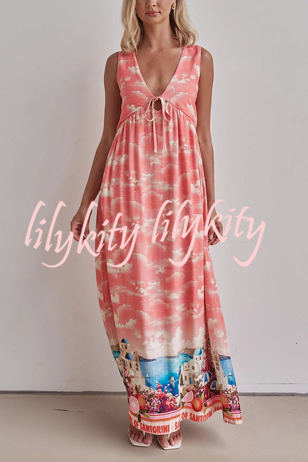 Resort Style Unique Printed Sleeveless V-neck Casual Maxi Dress