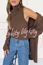 Comfortable Season Ribbed Knit Turtleneck Sleeveless Relaxed Sweater