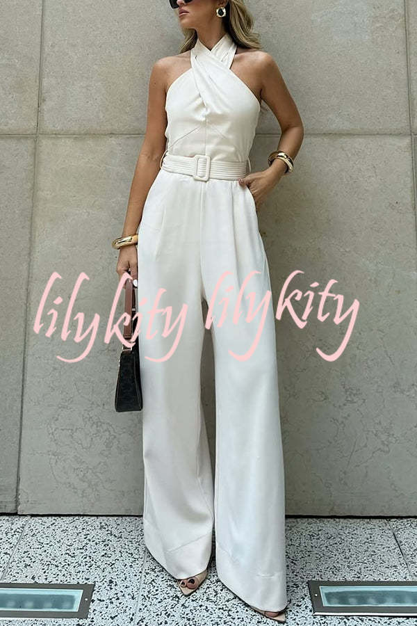 Solid Color Halterneck Sleeveless Waisted Casual Pocket Straight Jumpsuit