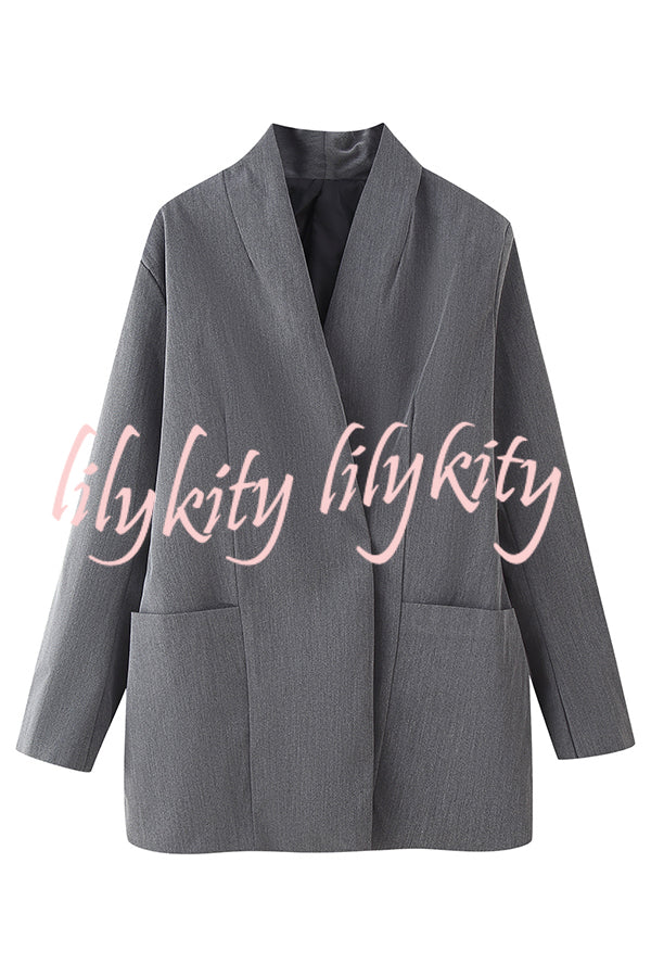 Solid Color Lapel Long Sleeve Casual Pocket Long Blazer