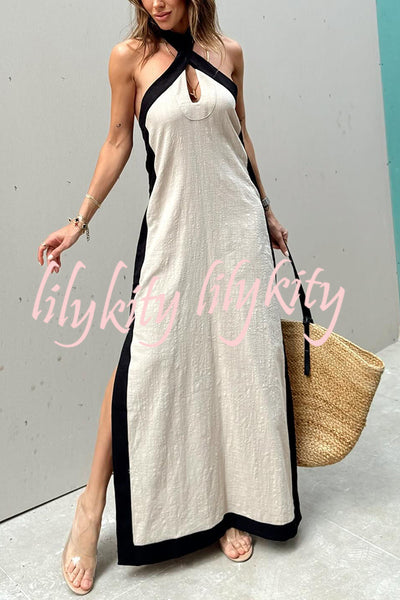 Island Bay Breeze Linen Blend Color Block Halter Neck Slit Maxi Dress