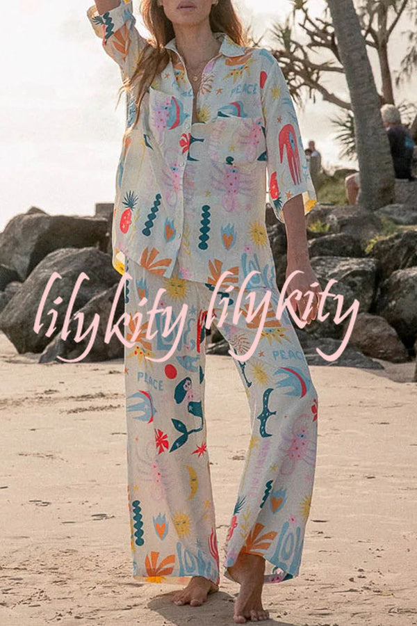 Abstract Sea Creature Print Button Pockets Elastic Waist Pant Suit