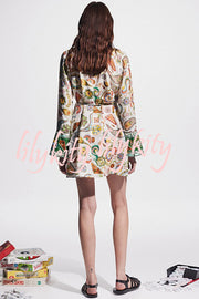 Mila Linen Blend Unique Print Shaped Collar Tie-up Waist Shirt Mini Dress