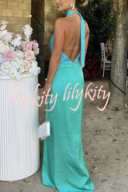 Like A Gem Satin Colorblock Halter Backless Party Maxi Dress