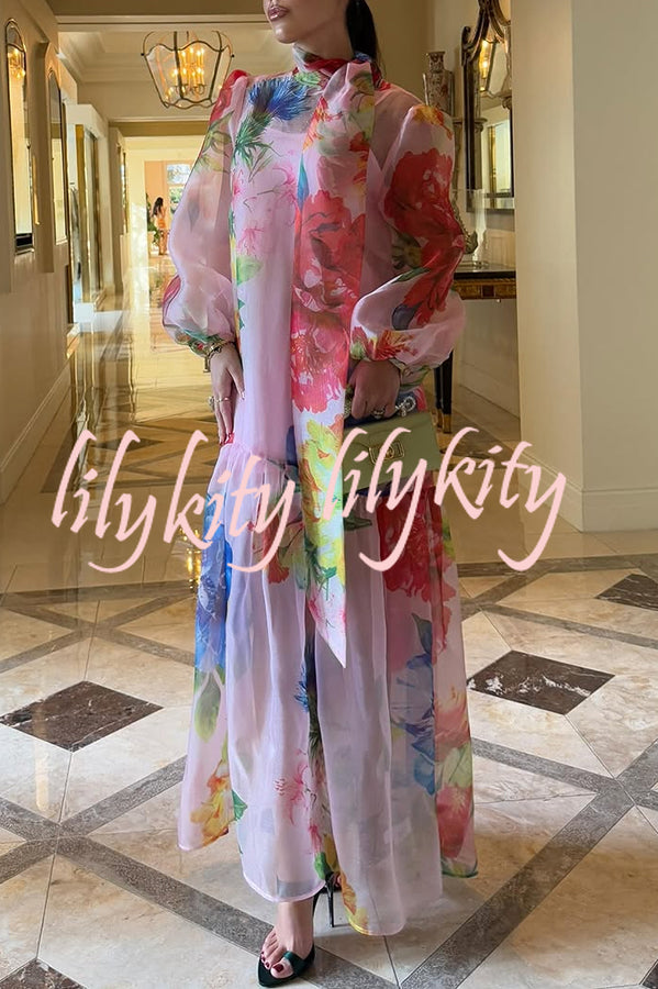 Garden Blooms Organza Floral Print Tie-up Neck Balloon Sleeve Loose Maxi Dress