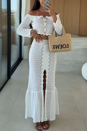 Fashion Knitted Off-the-shoulder Long-sleeved Top and Elastic Slit Maxi Skirt Set