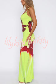 Botanical Floral Print Suspender Backless Slim Fit Slit Holiday Maxi Dress