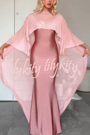 Party Charm Satin Sheer Chiffon High Low Cape Slip Maxi Dress