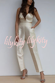 Chic Affair Satin Feather Trim Lapel Loose Blazer and High Rise Pocket Tapered Pants Set