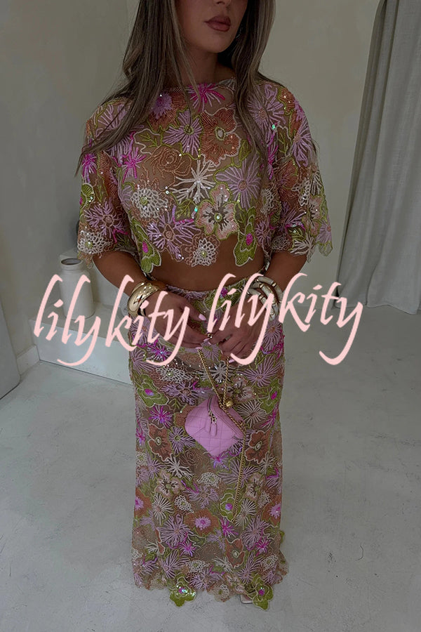Fashionable Embroidered Flower Sequined Crop Top and Elegant Sheer Maxi Skirt Set
