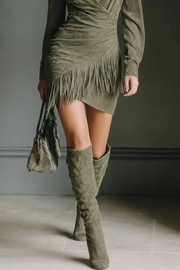 Solid Color Suede Slim-fit Long-sleeved Tassel Mini Dress