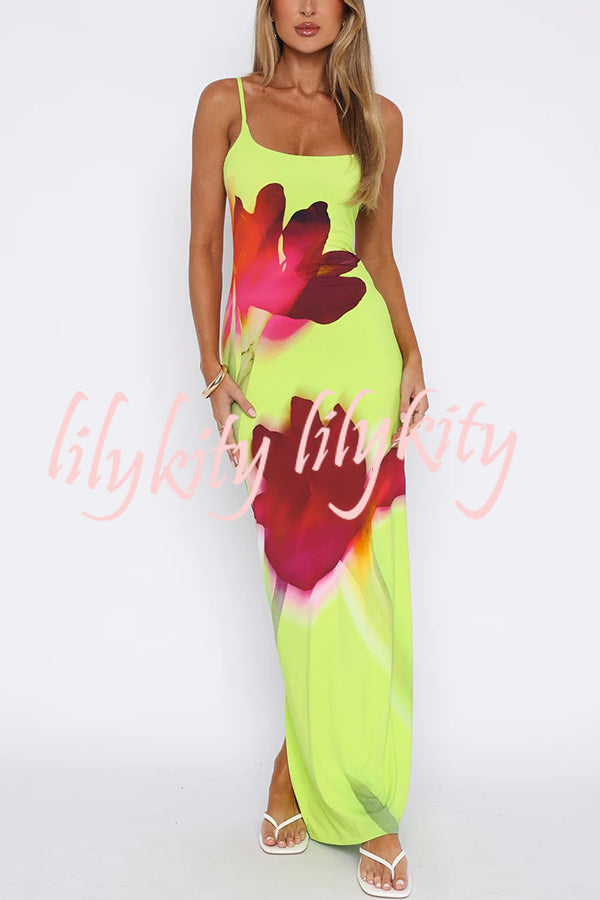 Botanical Floral Print Suspender Backless Slim Fit Slit Holiday Maxi Dress