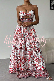 Floral Print Cutout Bandeau Top and Elastic Waist Full Maxi Skirt Set