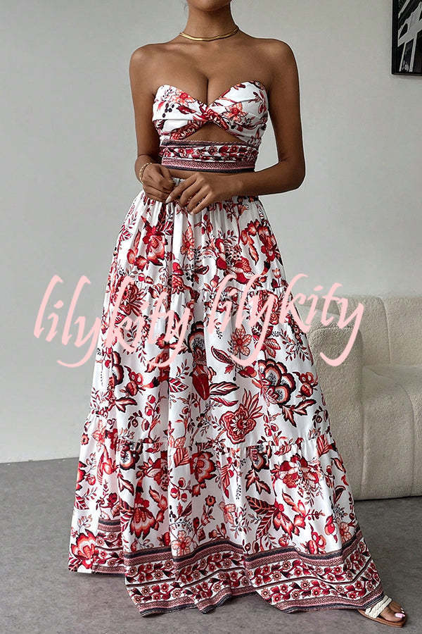 Floral Print Cutout Bandeau Top and Elastic Waist Full Maxi Skirt Set
