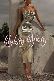 Visions of You Metallic Fabric Cowl Neck Removable Straps Stretch Midi Dress