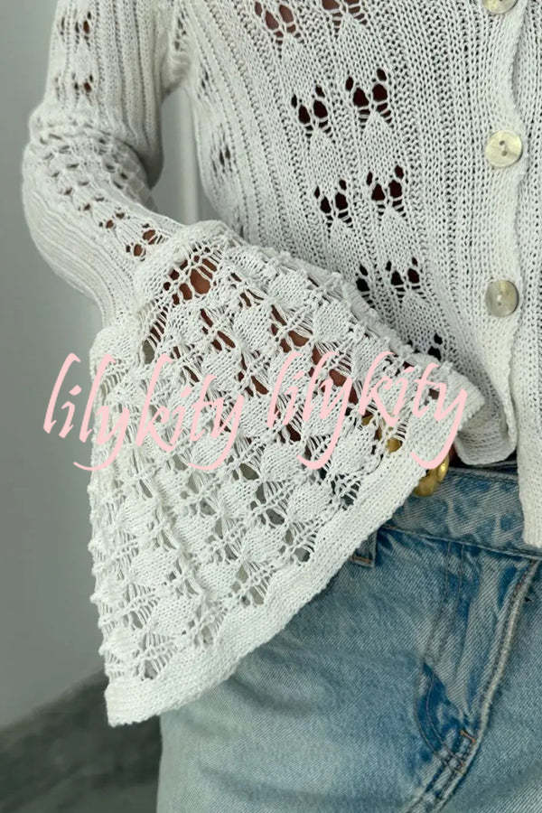 Fashion Hollow Button Long Sleeve V-neck Knitted Cardigan