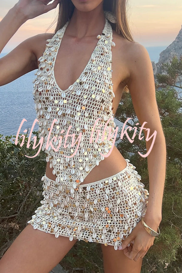 Sexy Halter Back Shell Sequined Top and Fitted Beach Mini Skirt Set
