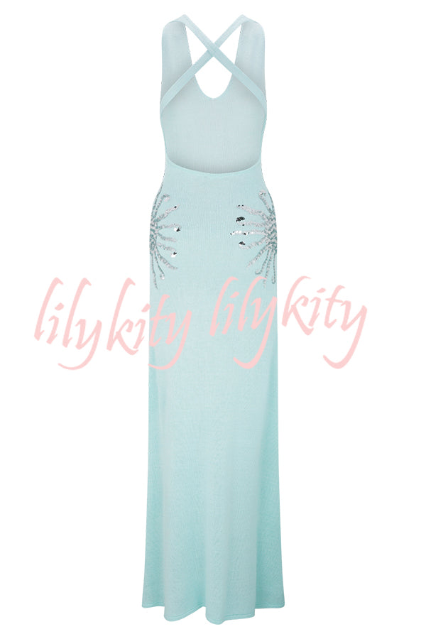 Sparkling Nights Knit Sunburst Sequin Detail Back Cross Straps Stretch Maxi Dress