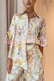 Sunshine Loving Linen Blend Mythological Pattern Button Down Oversized Blouse