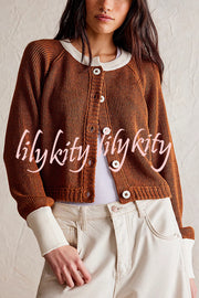 Stylish Contrasting Crew Neck Buttoned Knitted Cardigan