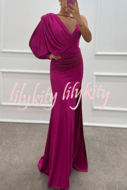 Like Venus One Shoulder Bat Sleeve Ruched Detail Slit Gown Maxi Dress