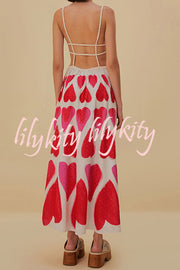 Full of Love Heart Shape Print Cutout Spaghetti Strap Backless Maxi Dress