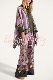 Satin Unique Print Loose Batwing Sleeve Top and Elastic Waist Pocket Casual Wide-leg Pants Set