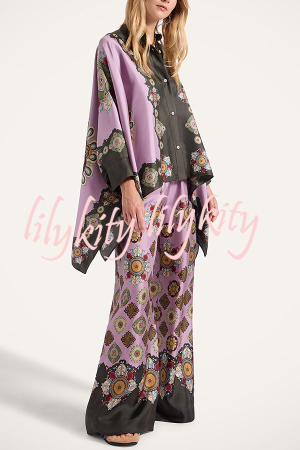 Satin Unique Print Loose Batwing Sleeve Top and Elastic Waist Pocket Casual Wide-leg Pants Set