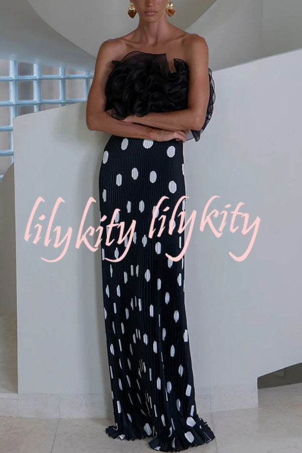 Eye-catching Satin Pleated Poka Dot Print High Rise Drape Maxi Skirt